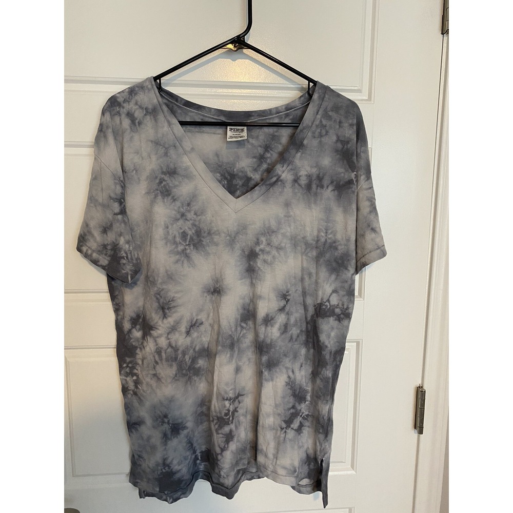 Victoria Secret PINK T Shirt V Neck Blue Tie Dye Short Sleeve‎